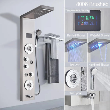 LED Light Shower Panel Waterfall Rain Digital Display Shower Faucet Set SPA Massage Jet Bathroom Column Mixer Tap Tower System