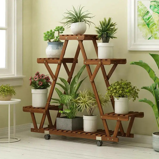 Wood Plant Shelf Triangular Stand with Wheels Mobile Display