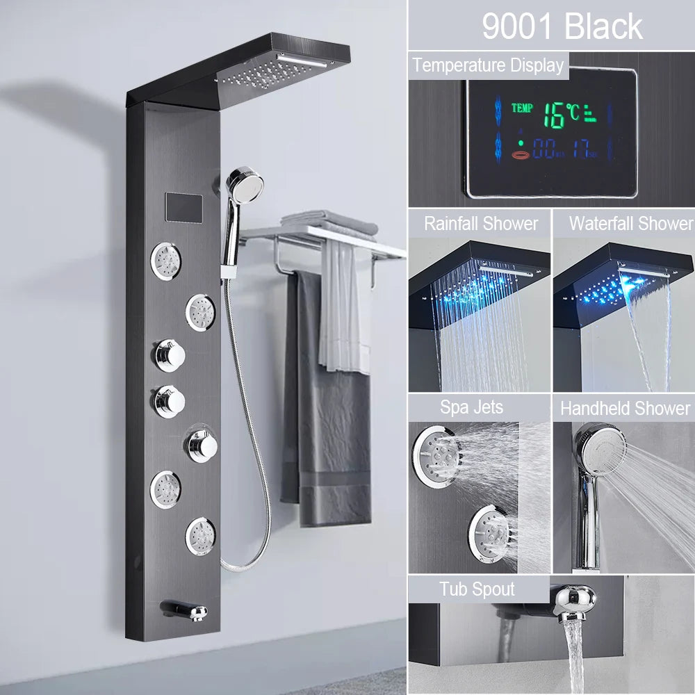 LED Light Shower Panel Waterfall Rain Digital Display Shower Faucet Set SPA Massage Jet Bathroom Column Mixer Tap Tower System