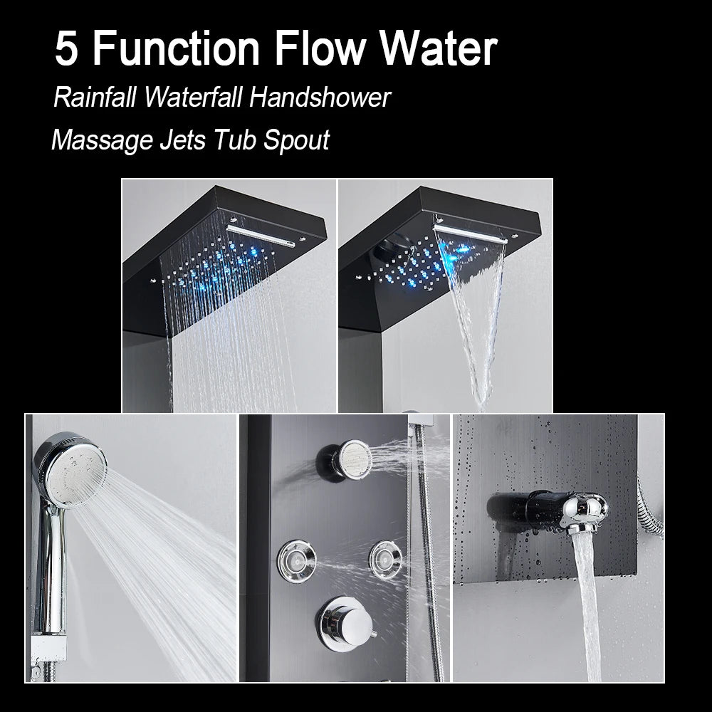 LED Light Shower Panel Waterfall Rain Digital Display Shower Faucet Set SPA Massage Jet Bathroom Column Mixer Tap Tower System