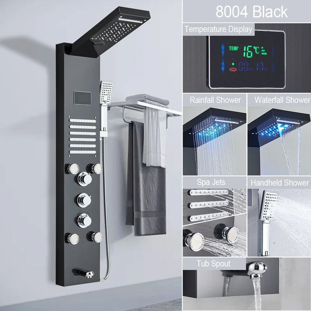 LED Light Shower Panel Waterfall Rain Digital Display Shower Faucet Set SPA Massage Jet Bathroom Column Mixer Tap Tower System