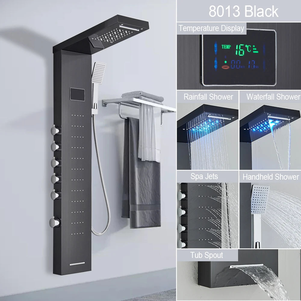 LED Light Shower Panel Waterfall Rain Digital Display Shower Faucet Set SPA Massage Jet Bathroom Column Mixer Tap Tower System
