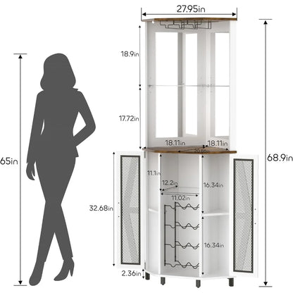 Corner Bar Cabinet with LED Light 68.9 Inch with Mirror