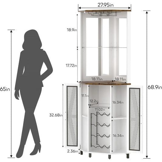 Corner Bar Cabinet with LED Light 68.9 Inch with Mirror