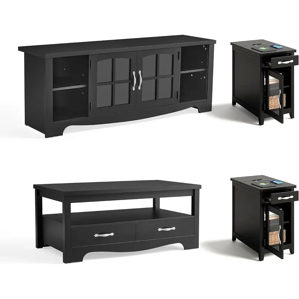 4-Piece Living Room Set with TV Stand for  up to 65" TV, Coffee Table, and 2 End Tables with Charging Stations