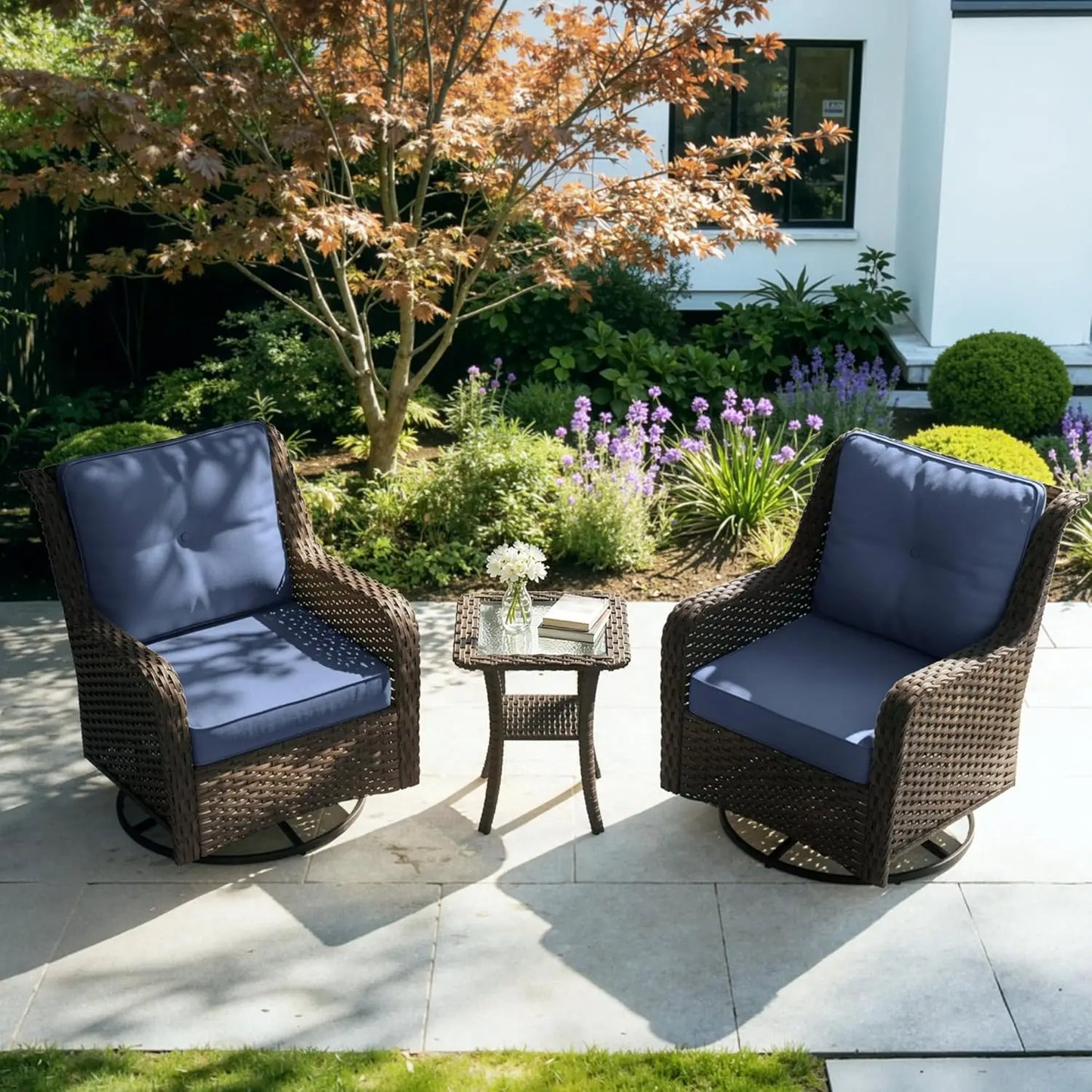 3 Piece All-Weather Wicker Swivel Rocker Patio Set With Table & Cloud-Like Cushions