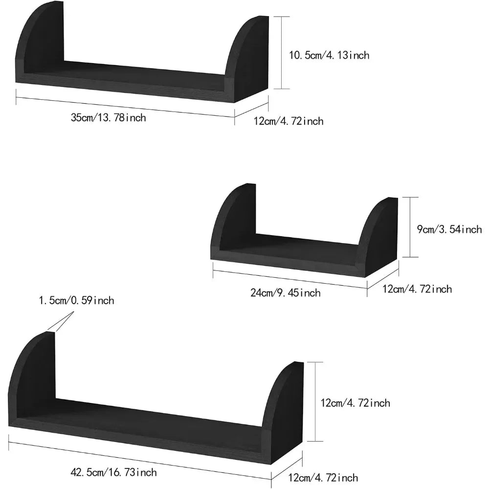Floating Wall Shelves Set Of 3 Black Solid Wood Wall Mounted Shelves