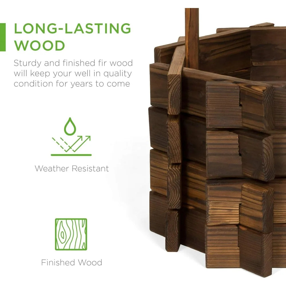 Rustic Wooden Wishing Well Planter w/Hanging Bucket