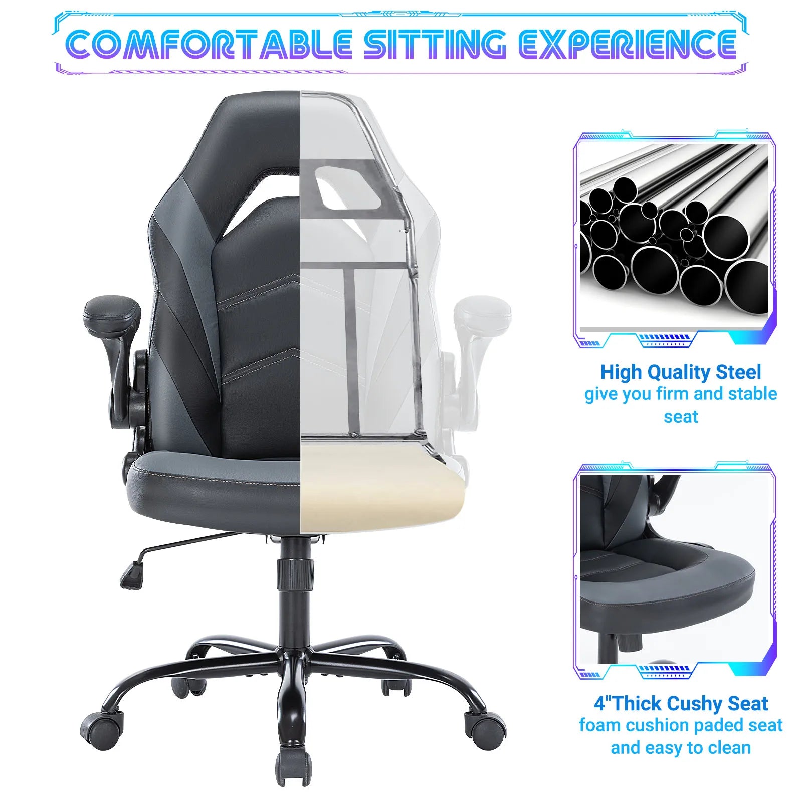 Gaming Chair PU Leather with Flip-Up Armrest Ergonomic Adjustable Seat
