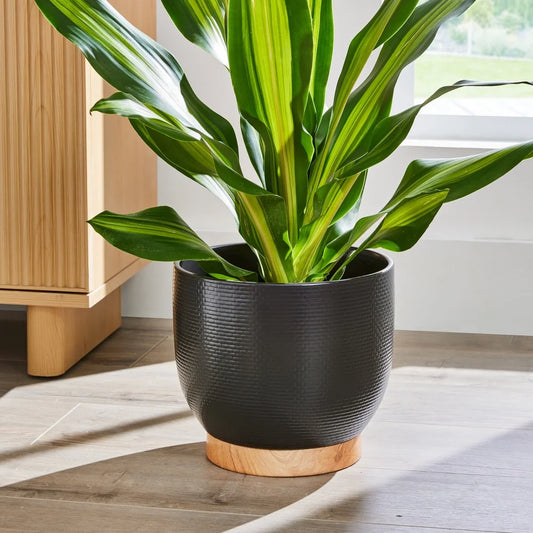 10 Inch Woven Black Ceramic Planter with Stable Base