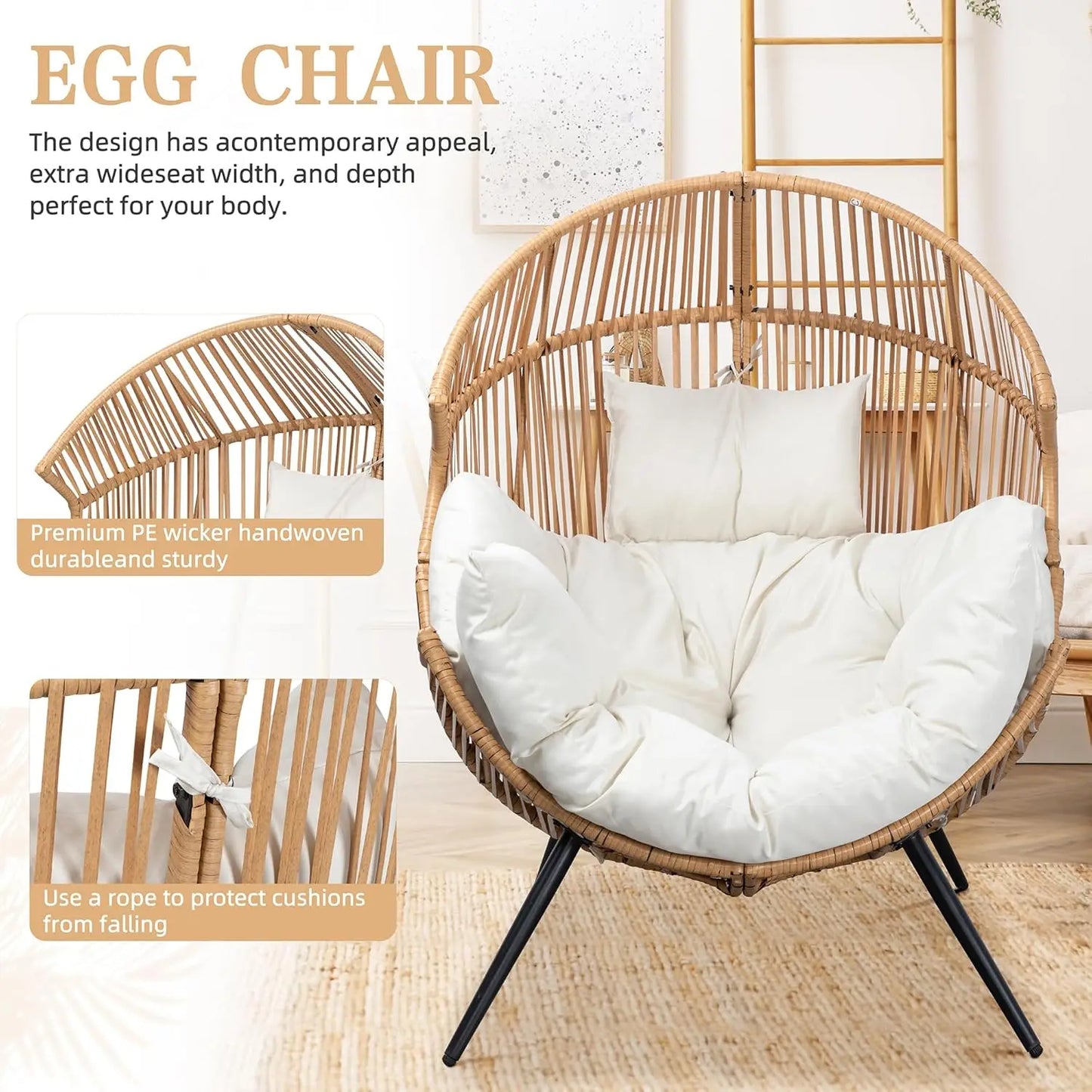 Outdoor Wicker Egg Chair, PE Rattan Chair with Cushion, Oversized