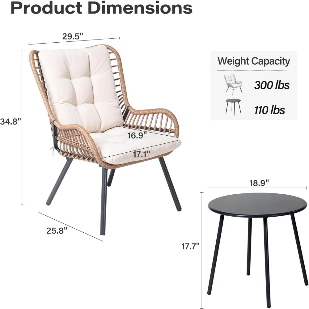 Bistro Set Outdoor 3 PCS with Coffee Table and Thick Cushions