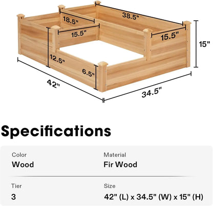 3-Tier Wooden Raised Garden Bed, 42.5x34.5x15 Inches Elevated Planter Box