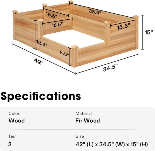 3-Tier Wooden Raised Garden Bed, 42.5x34.5x15 Inches Elevated Planter Box