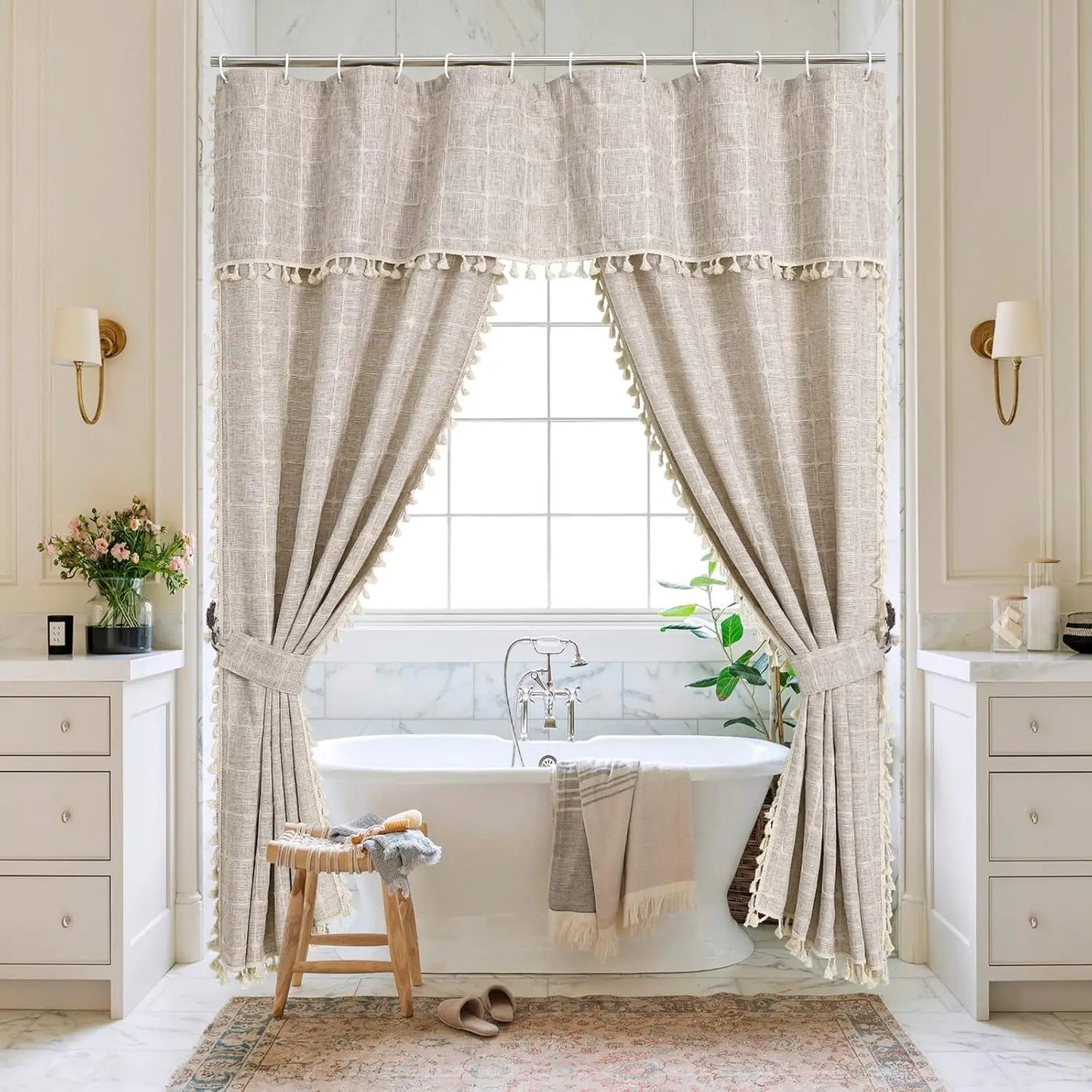 Tan Boho Double Swag Shower Curtain, Polyester Linen Fabric with Rust-Resistant Hooks, 72x72 Inches