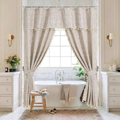 Tan Boho Double Swag Shower Curtain, Polyester Linen Fabric with Rust-Resistant Hooks, 72x72 Inches