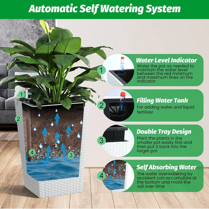 Tall Rattan Planter Set of 2 Outdoor and Indoor Plant Pots with Water Level Monitor & Wheels