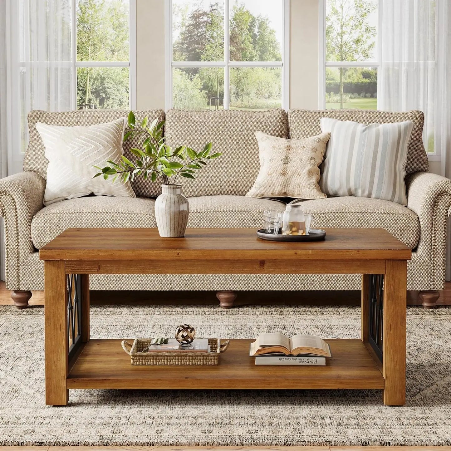 47.2" Solid Wood Coffee Table, 2-Tier with Metal Frame