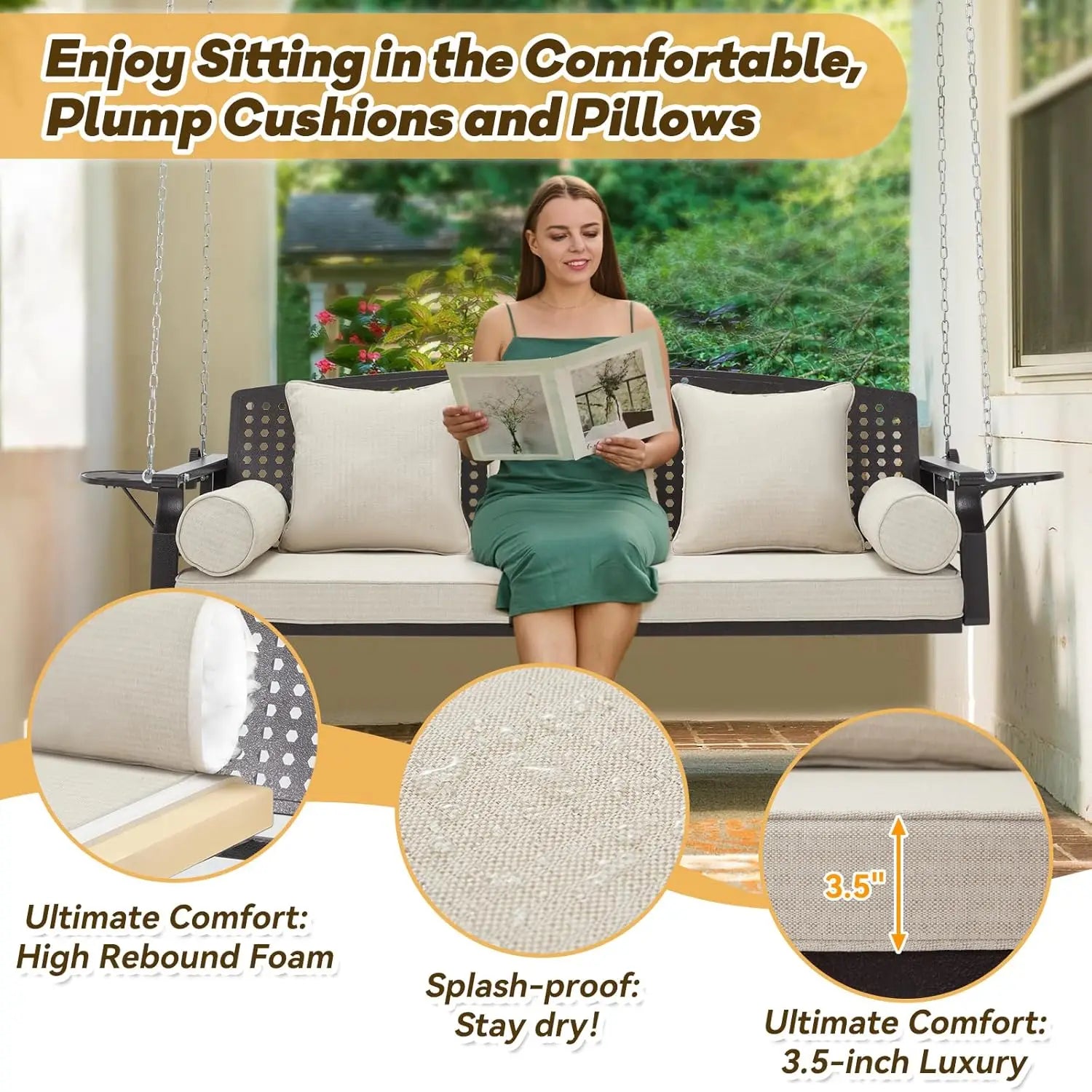 3 Seat Porch Swing with Cup Holders Cushions and Chains Outdoor Swing