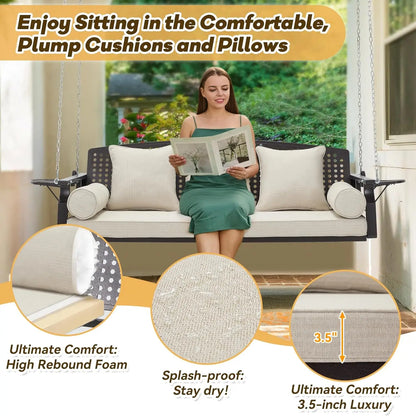 3 Seat Porch Swing with Cup Holders Cushions and Chains Outdoor Swing