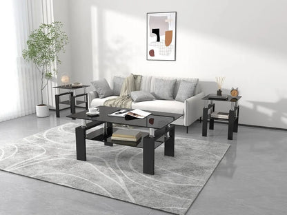 Modern Tempered Glass Table Set, 3-Piece, includes Black Metal Frame Coffee Table with Matching End Tables