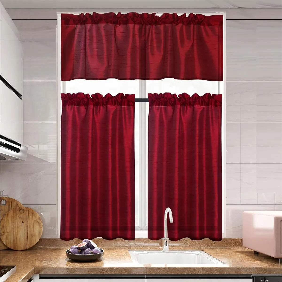 3 Panels Faux Silk Sheer Curtains w/Rod Pockets- Valance and 2 Tiers