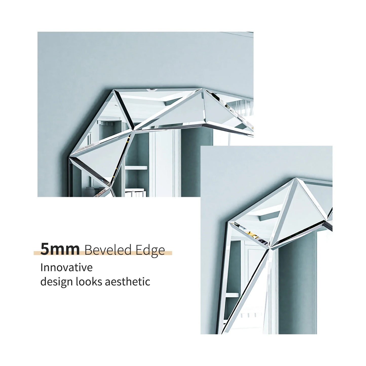 Accent Decor, Stylish Irregular Silver Glass Wall Mirror with Beveled Diamond Edge