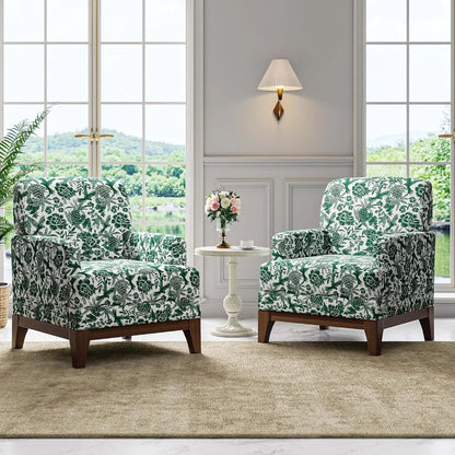 Floral Accent Chair Set Of 2, Upholstered Armchair With Solid Leg, Comfy Reading Single Sofa With Spring-Padded, Customized