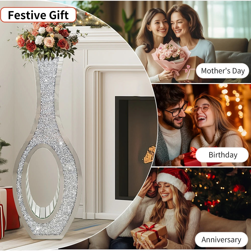 Mirrored Floor Vase Tall Silver Crush Diamond Decorative Vase