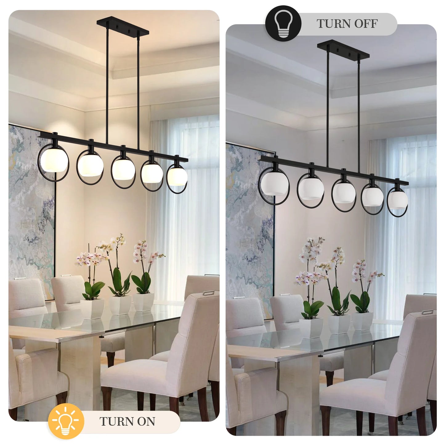 Modern chandelier pendant light with adjustable height and glass shades, featuring a sleek black design in a dining room.