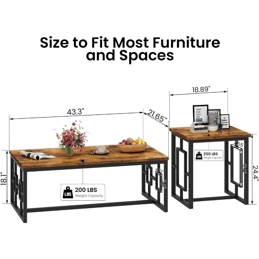 3-Piece Vintage Wood Coffee Table Set with 2 End Tables - Modern, Square Tabletop & Rustic Brown Finish