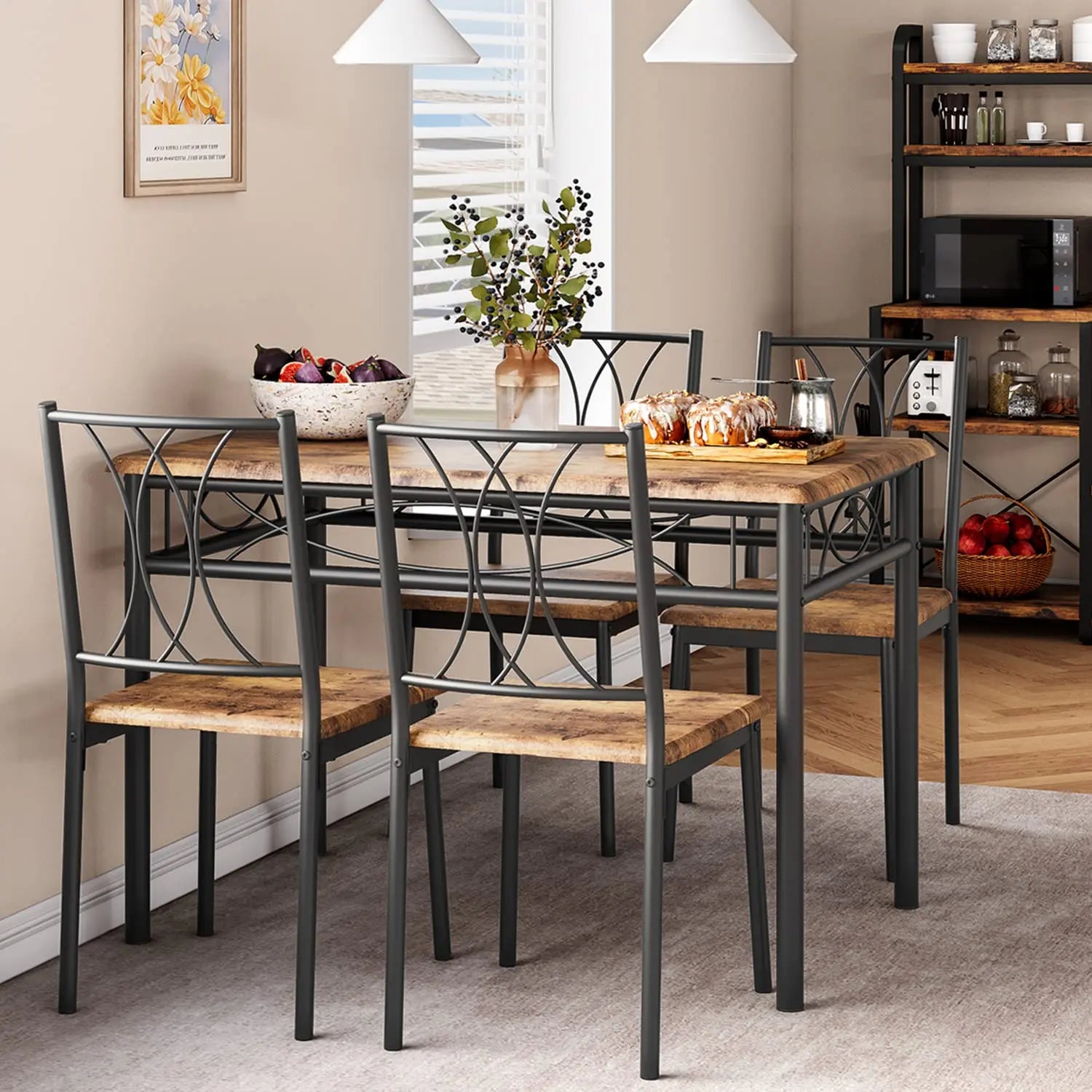 Kitchen Table Set Rectangular Metal Wood with 4 Chairs