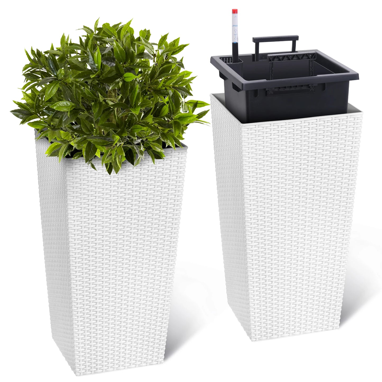 Tall Rattan Planter Set of 2 Outdoor and Indoor Plant Pots with Water Level Monitor & Wheels