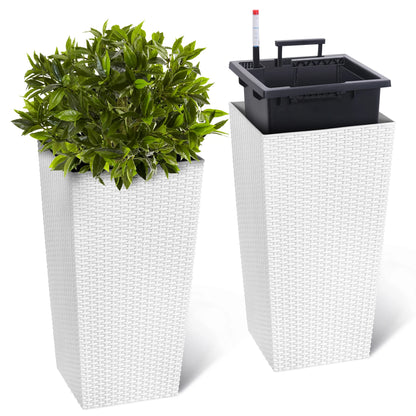Tall Rattan Planter Set of 2 Outdoor and Indoor Plant Pots with Water Level Monitor & Wheels
