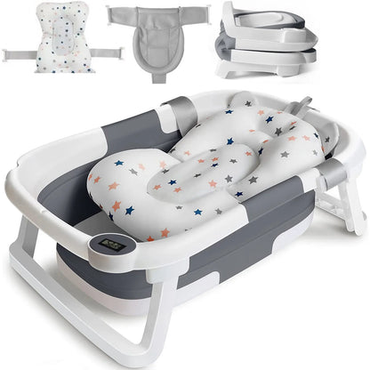 Foldable Baby Bath Tub with Cushion and Built In Thermometer