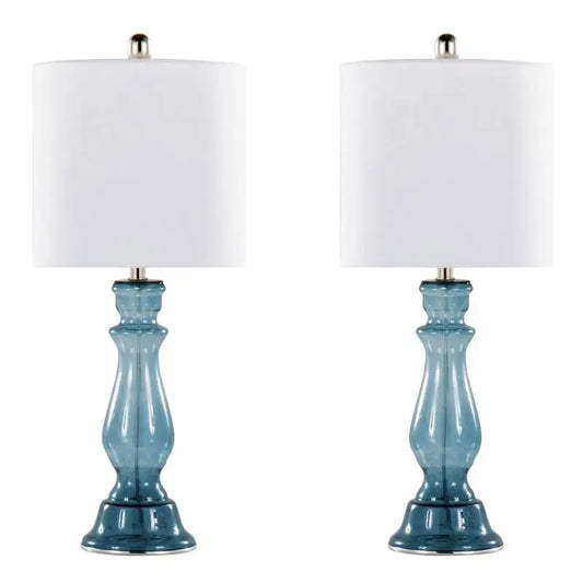 Glass Table Lamp Set 25 Inch Clear Angel Blue with Linen Shades