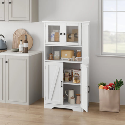 Free Standing Kitchen Pantry with 4 Doors and Open Space with Tempered Glass Doors