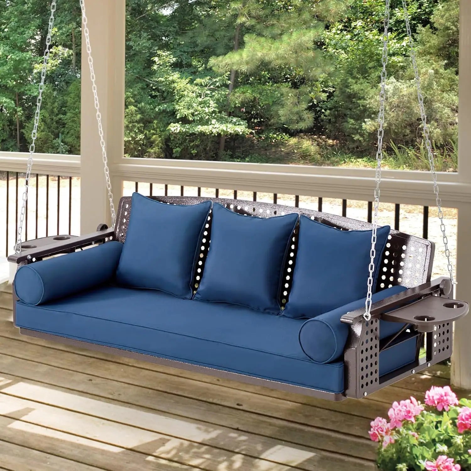 3 Seat Porch Swing with Cup Holders Cushions and Chains Outdoor Swing