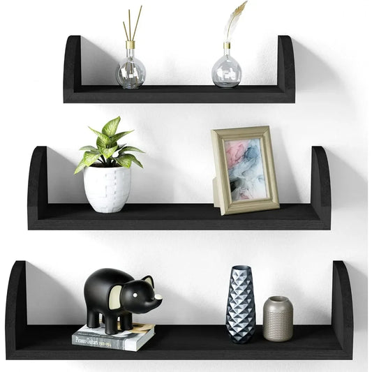 Floating Wall Shelves Set Of 3 Black Solid Wood Wall Mounted Shelves