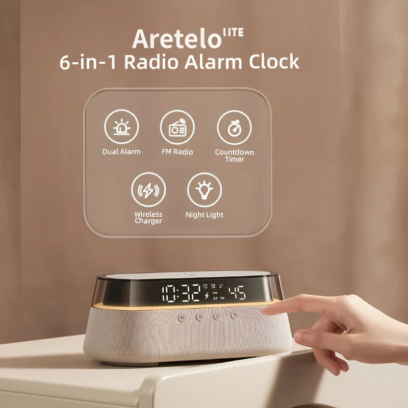 Aretelo Wireless Charging Digital Multi-Mode Alarm Clock, FM Radio, Bluetooth Speaker, Night Light