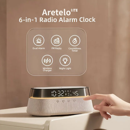 Aretelo Wireless Charging Digital Multi-Mode Alarm Clock, FM Radio, Bluetooth Speaker, Night Light