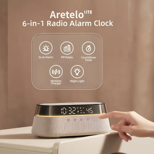 Aretelo Wireless Charging Digital Multi-Mode Alarm Clock, FM Radio, Bluetooth Speaker, Night Light