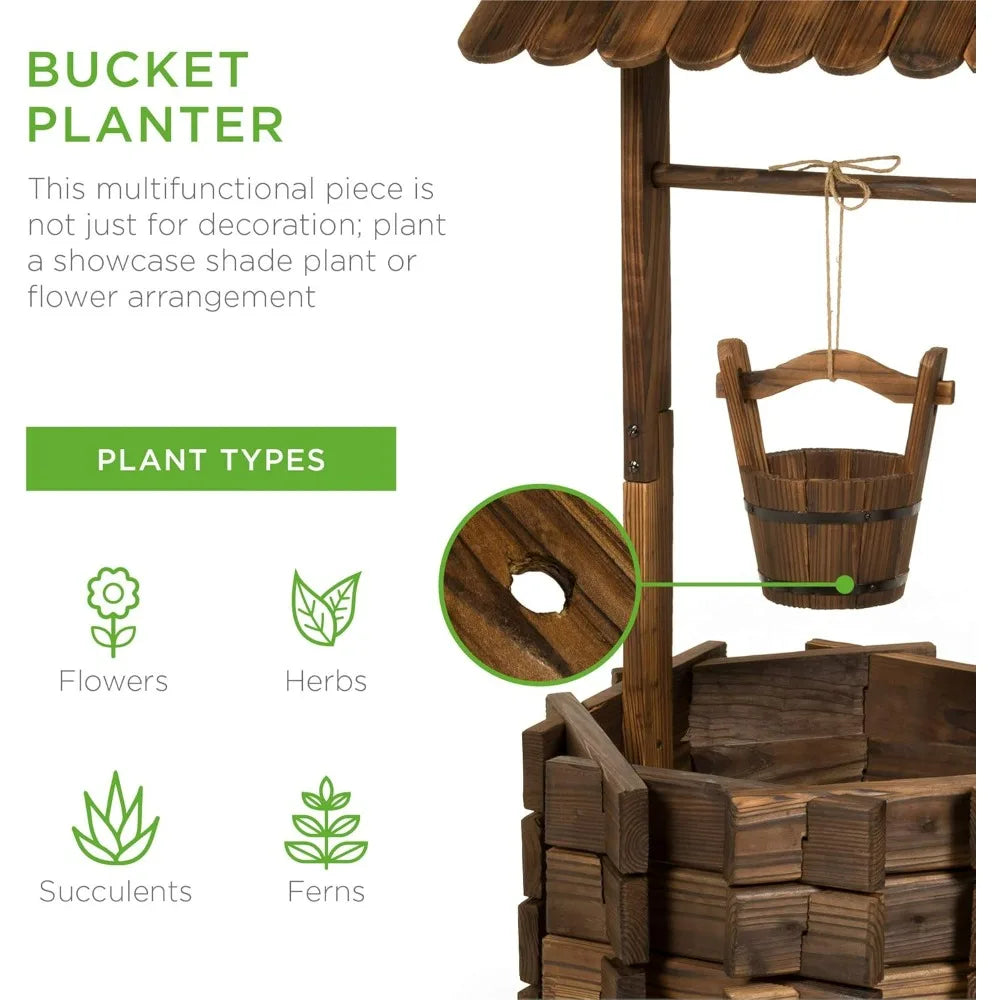 Rustic Wooden Wishing Well Planter w/Hanging Bucket