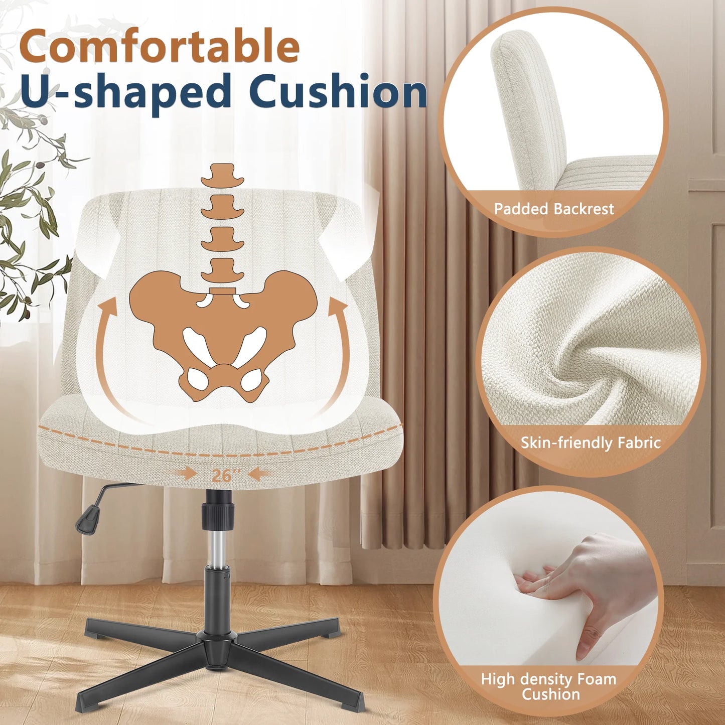 Cross-Legged Desk Chair Armless Adjustable Wide Seat