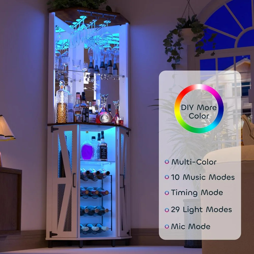 Corner Bar Cabinet with LED Light 68.9 Inch with Mirror