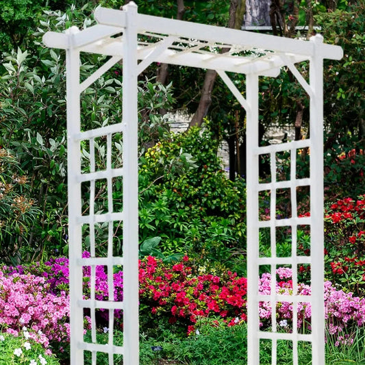 White garden archway with trellis