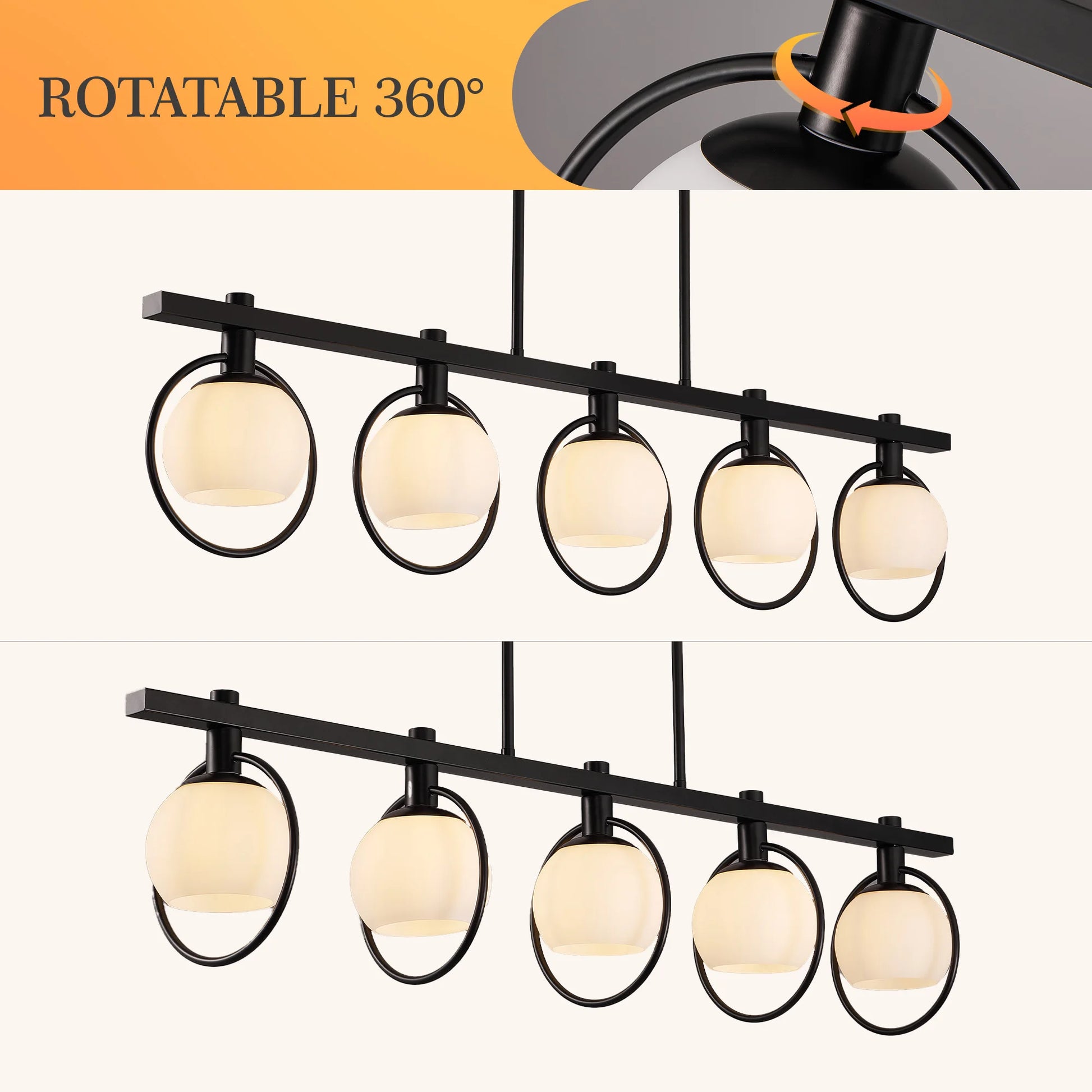 Modern chandelier pendant light with rotatable 360° design and six glass shades in a sleek black frame.
