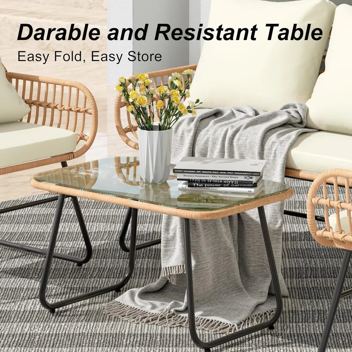 4-Piece Outdoor Patio Set with Cushions & Tempered Glass Table, All-Weather Rattan Bistro Set