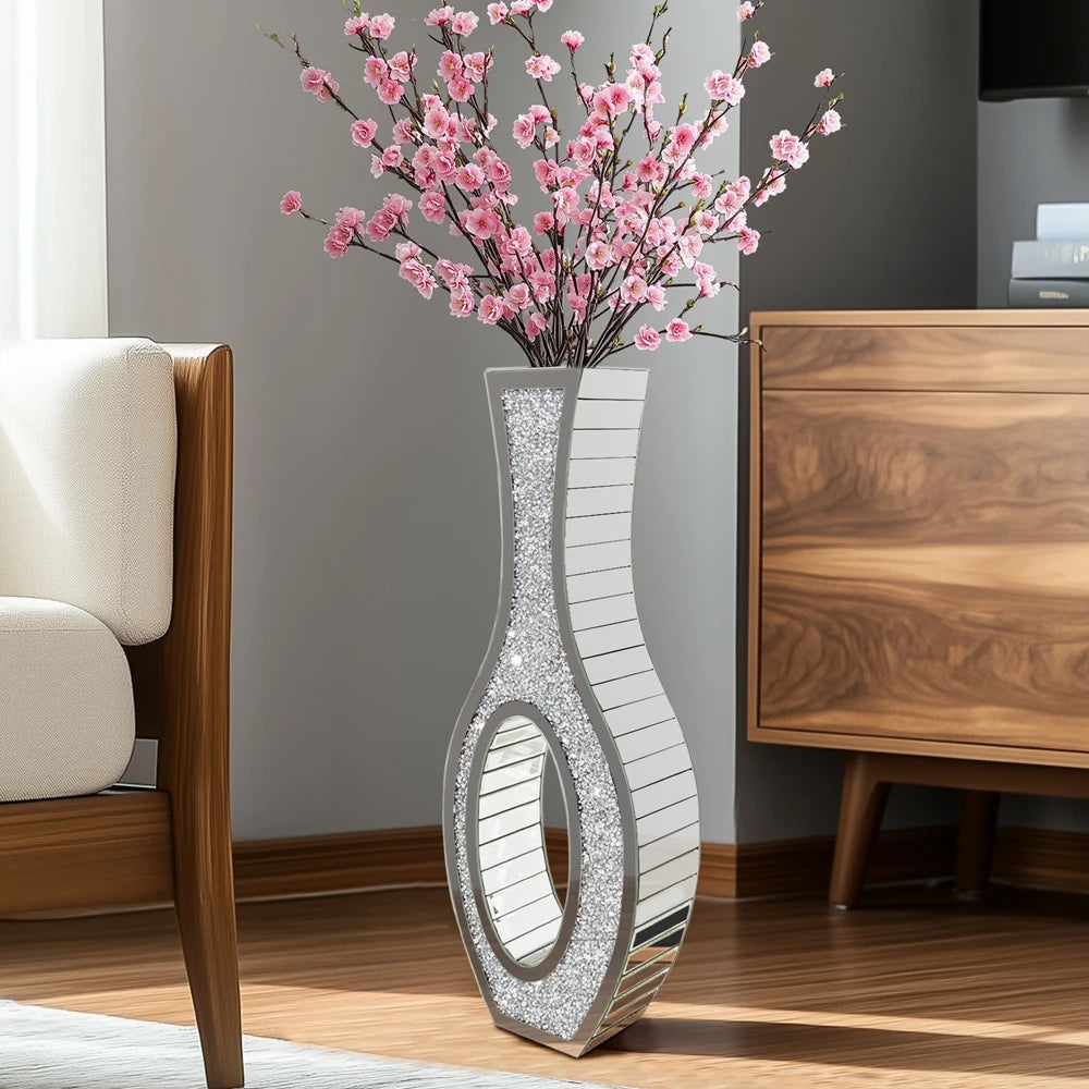 Mirrored Floor Vase Tall Silver Crush Diamond Decorative Vase