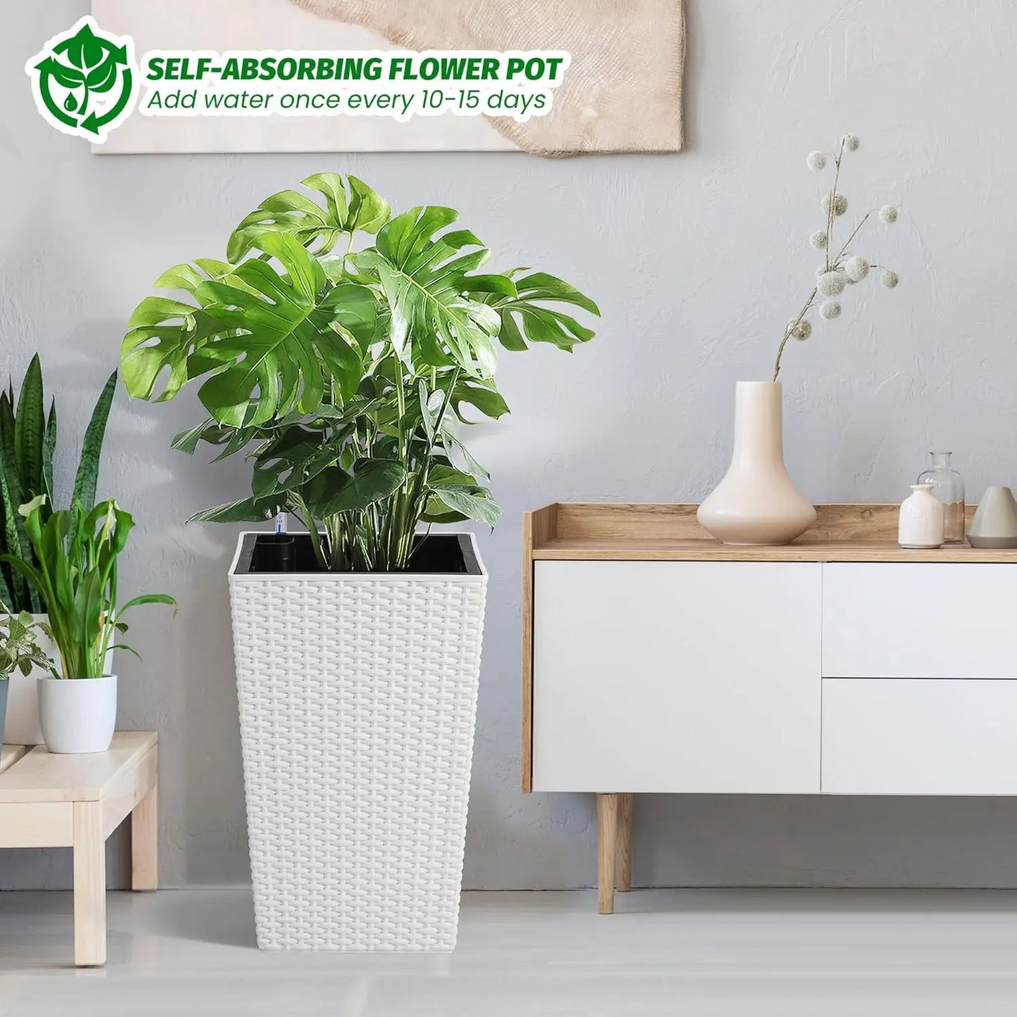 Tall Rattan Planter Set of 2 Outdoor and Indoor Plant Pots with Water Level Monitor & Wheels